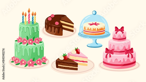Colorful and Sweet Assortment of Birthday Cakes and Cake Slices Vector Illustration