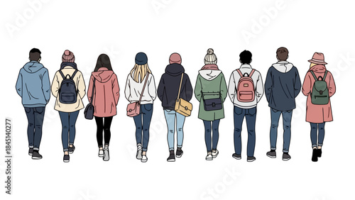 Diverse Group of Friends Walking Away Together in Stylish Casual Winter Outfits
