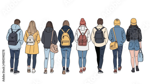 Diverse Group of Students Walking Away with Backpacks, Back View, Vector Art