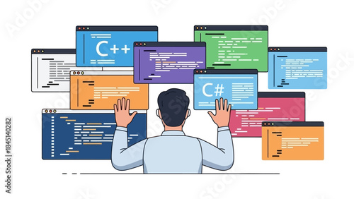 Programmer surrounded by coding for different programming languages