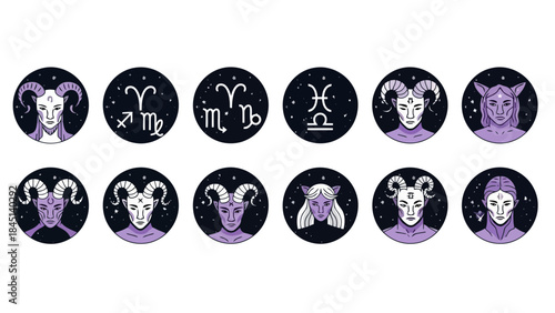 Set of 12 Zodiac Signs as Human Characters and Symbols on Dark Background