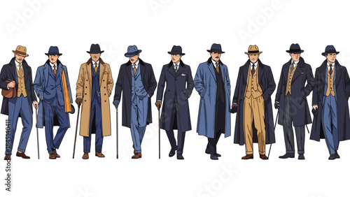 Group of Elegant Men in Vintage Suits and Coats with Hats and Canes