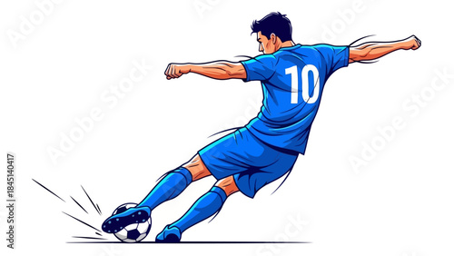 Dynamic Football Player in Blue Uniform Kicking Ball with Energy and Motion Lines