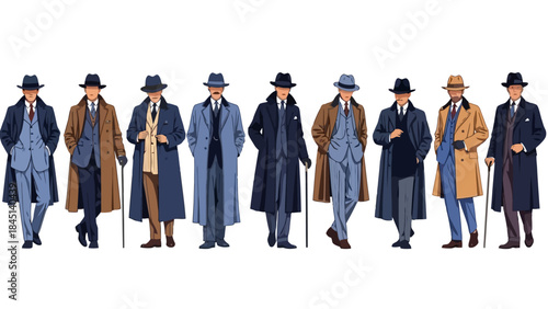 Vintage Men in Classic Suits and Overcoats Standing Together