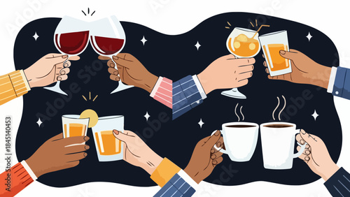 Diverse Group Toasting Drinks and Coffee in Celebration on a Dark Background