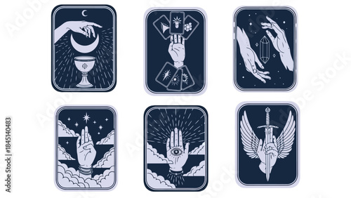 Mystical Tarot Card Illustrations with Celestial Hands and Symbols