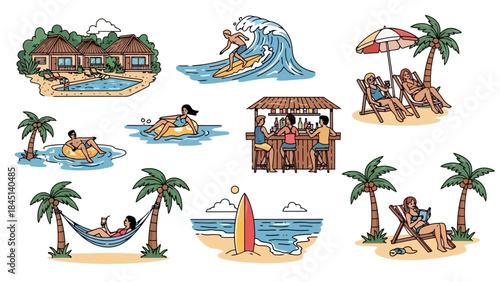 Tropical Paradise Vacation Scenes: Surfing, Relaxing, and Beach Bar Lifestyle