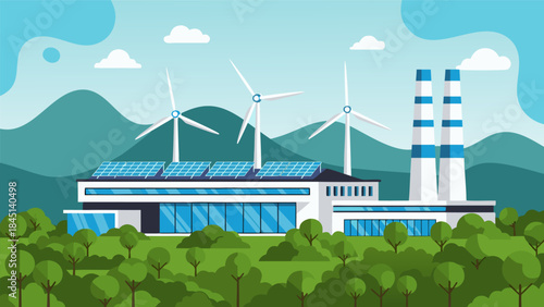 A modern industrial complex featuring wind turbines, solar panels, and smokestacks, set against a backdrop of lush green trees and rolling hills.