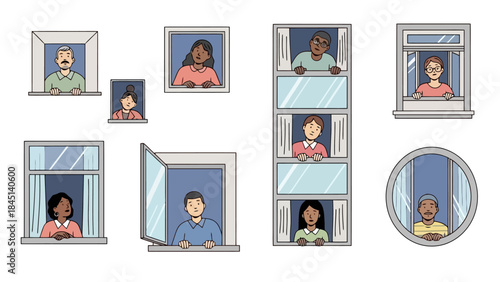 Diverse people peering out of apartment, representing community and connection
