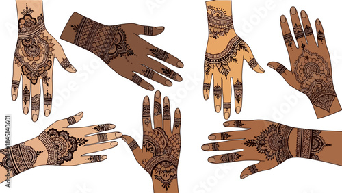 Collection of Diverse Hands Adorned with Intricate Henna Mehndi Designs