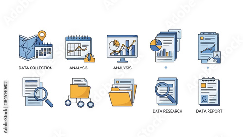 Data Collection and Analysis Icons: Research, Reporting, and Statistics for Business Insights