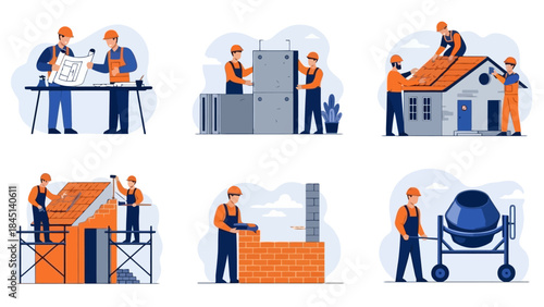 Diverse Construction Workers Collaborating on Various Building Projects, Vector Art