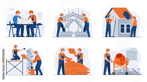 Construction Workers Building House and Working on Blueprints in Teamwork