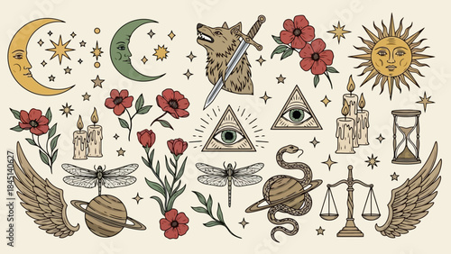 Mystical Celestial Symbols and Elements Collection, Esoteric and Spiritual Graphics