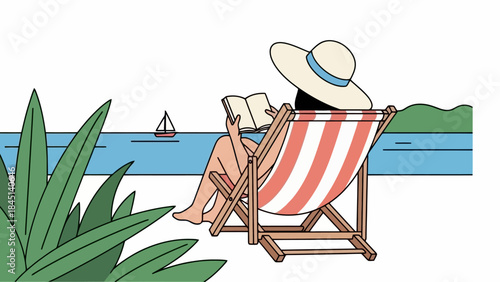 Woman Relaxing in Deckchair by the Sea Reading a Book Under a Wide Hat