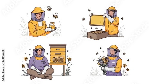 Beekeeper Activities: Honey Jar, Hive Inspection, Flower Gathering, and Bee Colony