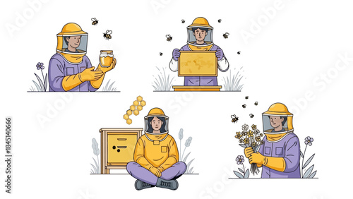 Beekeeper Characters in Protective Suits Working with Bees and Honey Products