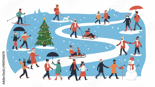 Diverse People Enjoying Winter Activities in a Snowy Landscape with Christmas Tree