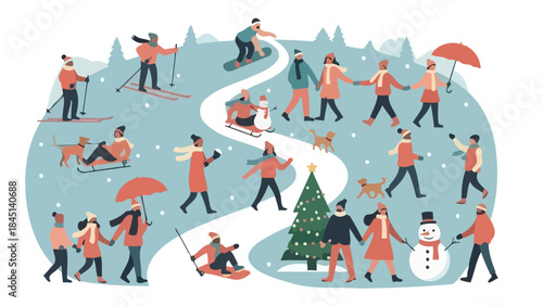 Diverse Group of People Enjoying Winter Activities in a Snowy Landscape