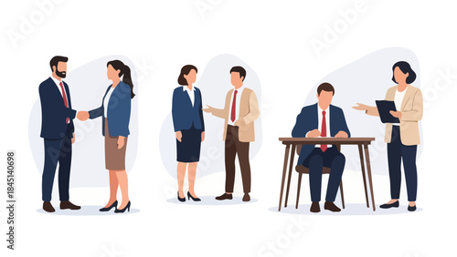 Business professionals collaborating and discussing ideas in settings