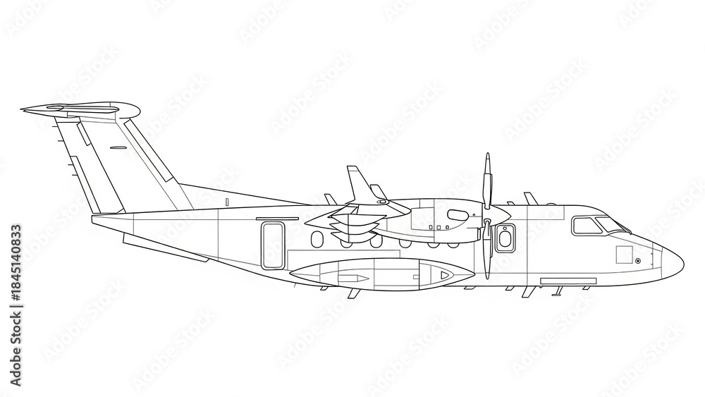 Obraz premium Outlined Detailed Airplane Illustration on White Background