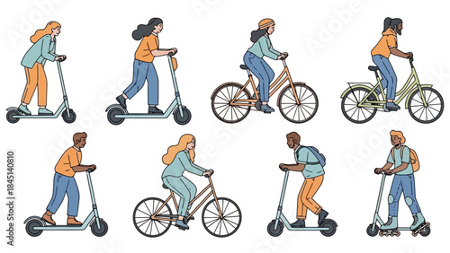Diverse People Enjoying Eco-Friendly Transport on Scooters and Bicycles