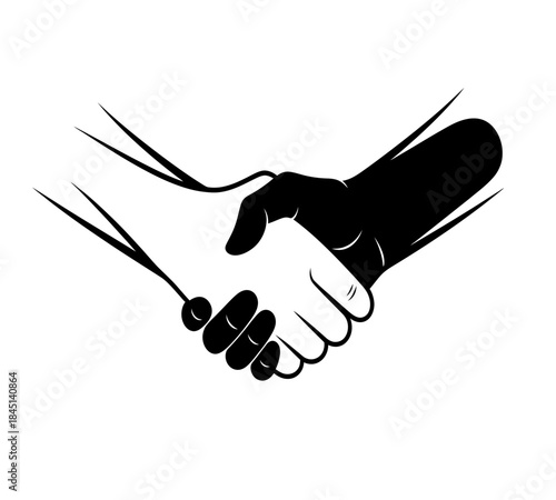 A symbolic depiction of a handshake between two hands in contrasting shades
