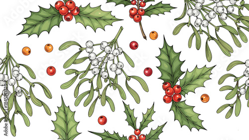 Christmas holly and mistletoe pattern with red berries botanical illustration isolated on white background festive winter holiday design