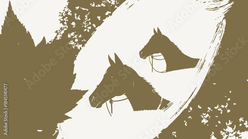 Stylized Horse Heads Graphic Illustration with Abstract Forest Silhouettes