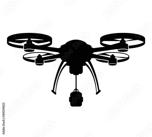A sleek black drone with four rotors and a camera depicted in a simple silhouette style