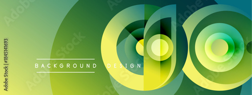 Abstract green layers create dynamic visual effect. Circles overlap, forming modern background design. Smooth gradients enhance depth.