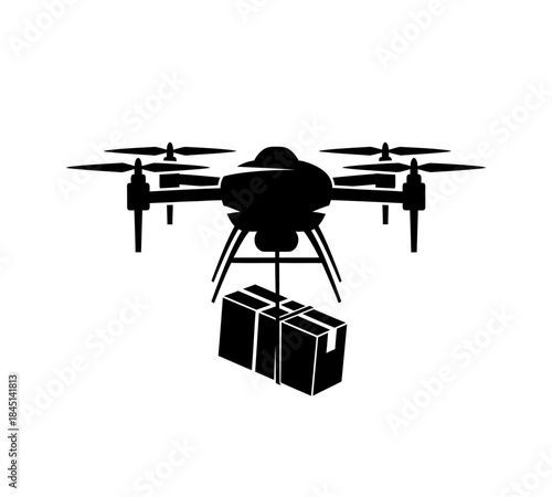 A black silhouette of a delivery drone carrying two packages below it