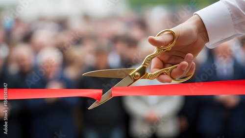 Ceremonial opening hand cutting red ribbon with gold scissors amidst crowd