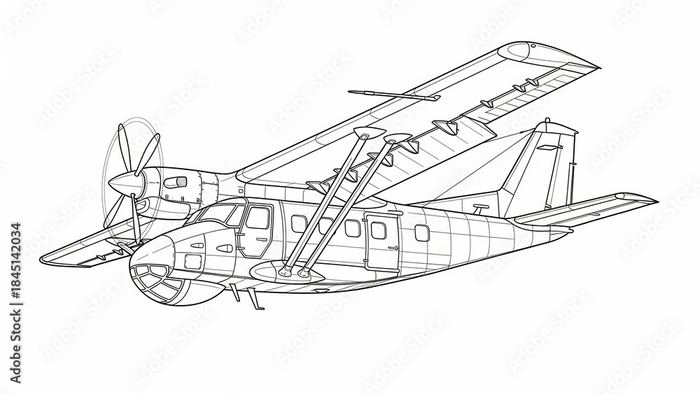 Obraz premium Outlined Illustration of Vintage Aircraft with Propeller and Detailed Wing Structure