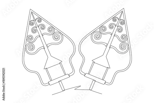 Wayang mountain fan. Javanese concept one-line drawing
