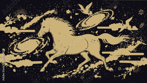 Cosmic Golden Horse Running with Planets and Birds Stylized Illustration