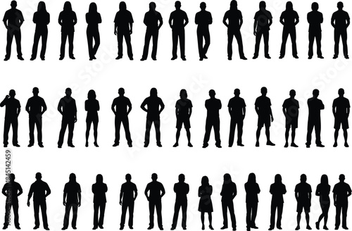 Large vector set of diverse black silhouettes, men and women standing in casual and business attire, including full length and three-quarter views, perfect for architectural drawings and design.