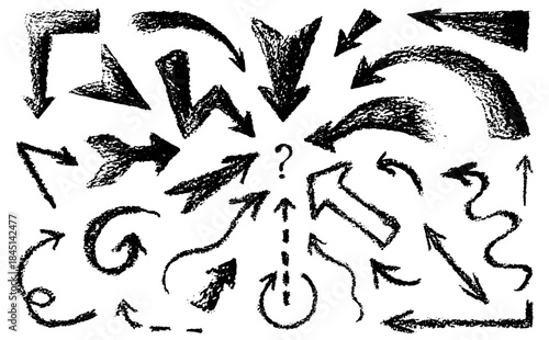 Black hand drawn arrow set with crayon chalk texture and question mark symbol on white. Rough brush strokes, vector pencil sketches for navigation signs, decision making diagrams or informal design