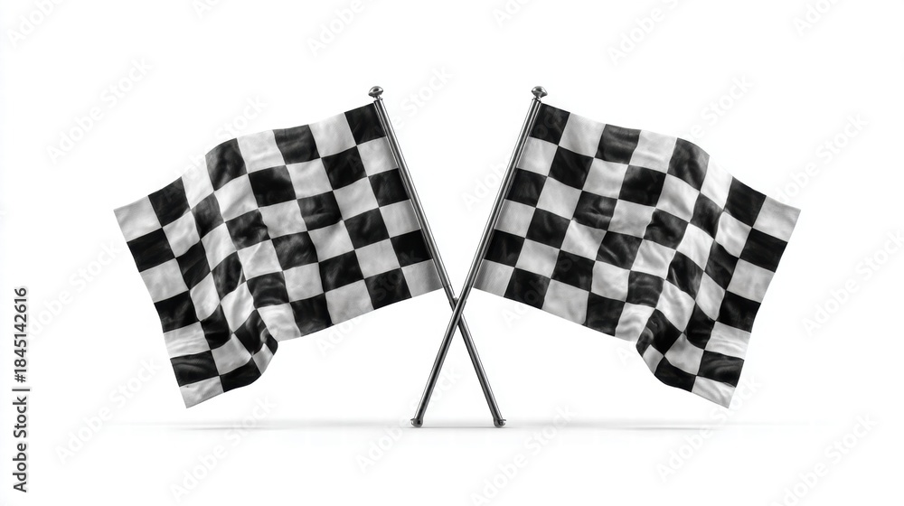 Fototapeta premium Two checkered flags crossed against a white background, symbolizing victory.
