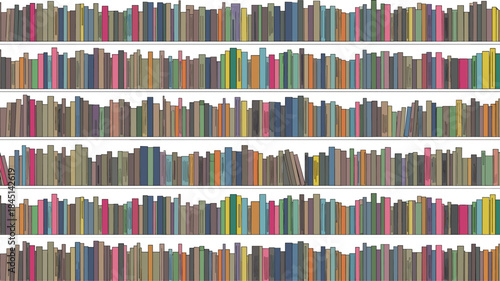 Vector illustration of long seamless rows of colorful assorted books stacked tightly on six bookshelves, perfect for libraries, academic themes, and background wallpaper design.