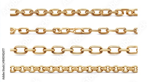 Golden chains of different styles on a white background.
