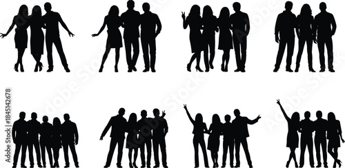 Vector set of diverse happy group silhouettes, young men and women standing together, posing, cheering, and celebrating, perfect for party, social event, and friendship graphics isolated.