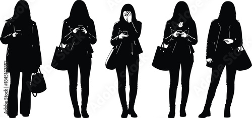 Vector set of five female fashion silhouettes, women standing and looking at mobile phones, wearing coats, carrying shopping bags, isolated on white background, urban life.