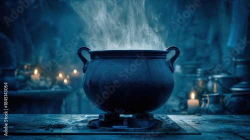Mystical Brew: A cauldron bubbles invitingly amidst an ethereal ambiance. Delicate wisps of vapor dance into the cool atmosphere, casting an air of wonder and enchantment. 