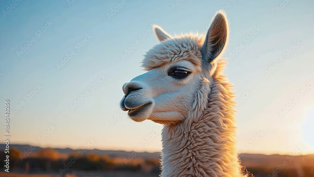 Obraz premium Young white Peruvian alpaca portrait in soft Cloud Dancer tones, fluffy wool, serene side view, natural light highlighting texture and innocence