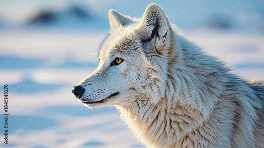 Obraz premium Arctic wolf portrait in snowy tundra, focused and alert with piercing yellow eyes, fur tinted Cloud Dancer trend color. Color of the Year 2026. Cloud Dancer
