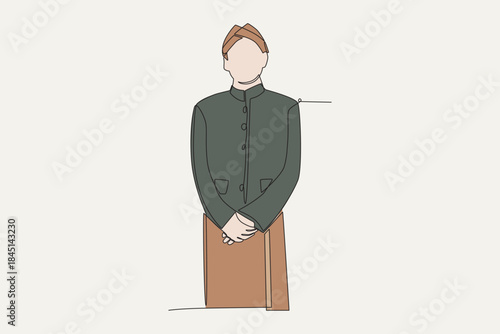 Colored men wearing traditional Javanese clothing. Javanese concept one-line drawing