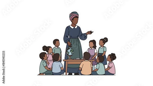 A dark skinned woman in headwrap teaches diverse kids around globe on table