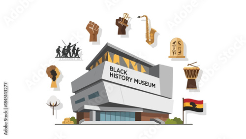 Black history museum building with cultural symbols and icons around it, representing african american heritage