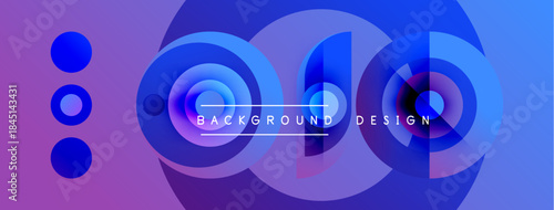 Abstract design features layered circles, gradients. Purple, blue hues dominate composition. Text reads background design. Modern aesthetic.